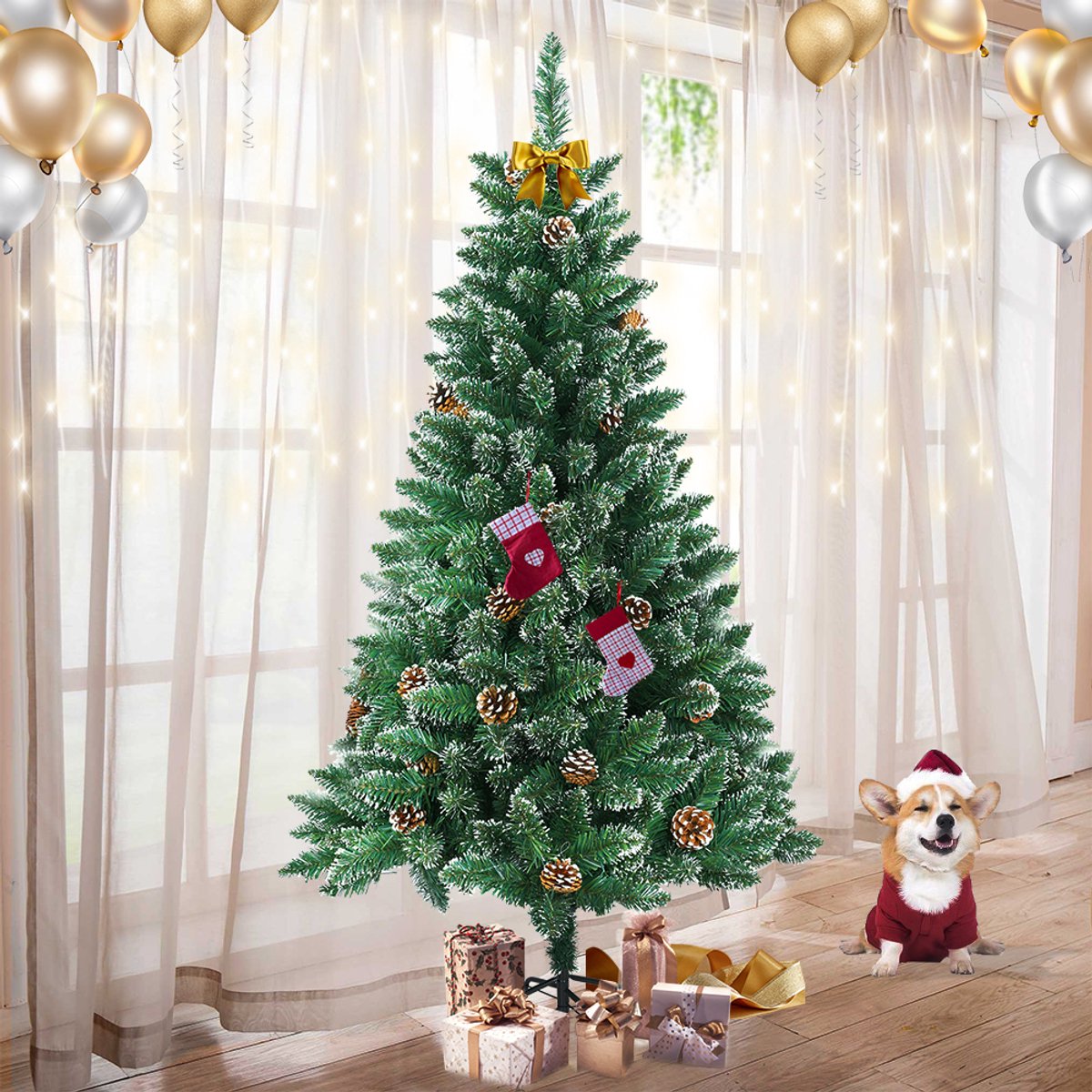 180CM Kunstkerstboom, Dennenboom, Kunstboom Wit & Groen met Sneeuweffect + Dennenappels, PVC Kerstboom inclusief Standaard – foto 8