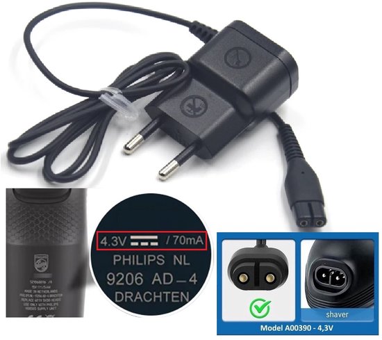 Chargeur de rechange pour Philips A00390 (CP0925) - 4,3 V 70 mA - Câble de 1 mètre - Compatible avec les Tondeuses barbe - Utilisable dans le monde entier