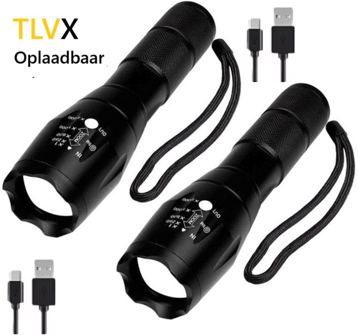 TLVX 2 stuks Sterke & Felle Oplaadbare Militaire LED Zaklamp 1800 Lumen – Metalen Zaklamp met Zoomfunctie – Waterdicht – Voor Kinderen en Volwassenen – Scouting – Bos – Camping – Vakantie – Survivallen – Veiligheid – Ingebouwde Accu – Compact