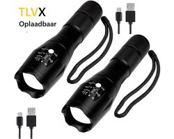 TLVX 2 stuks Sterke & Felle Oplaadbare Militaire LED Zaklamp 1800 Lumen – Metalen Zaklamp met Zoomfunctie – Waterdicht – Voor Kinderen en Volwassenen – Scouting – Bos – Camping – Vakantie – Survivallen – Veiligheid – Ingebouwde Accu – Compact