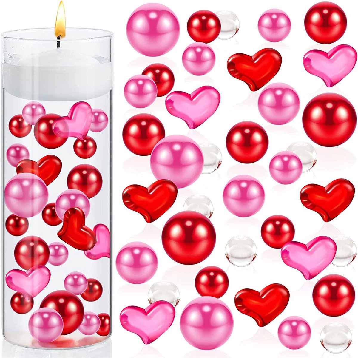 Valentine's Day Vase Filler Pearl, Pink Red Heart Pearls Vase Filler Floating Pearls Water Beads Transparent Vase Filler Pearl Decoration for Wedding Valentine's Day Decoration