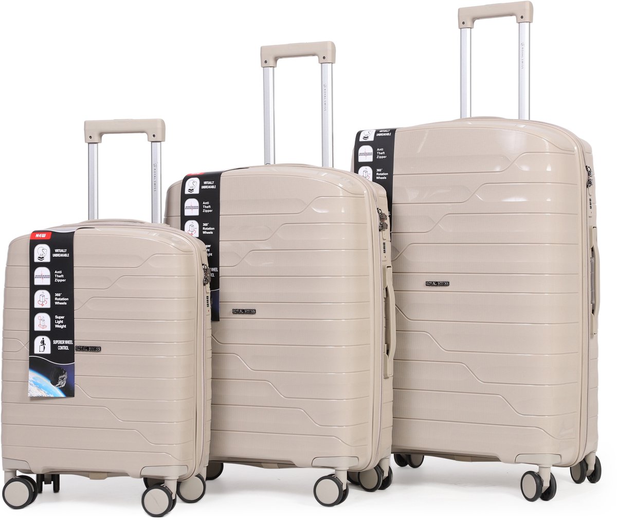 Royal Swiss® Kofferset 3-delig – ABS Lichtgewicht – TSA Slot – 360° Spinner Wielen – Beige