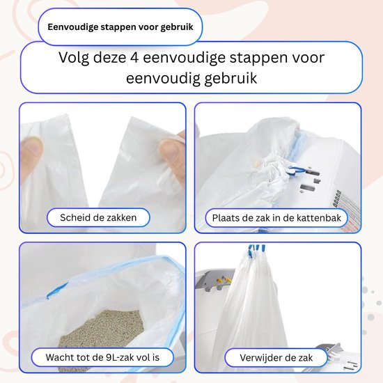 Stappenplan: scheid de zakken, plaats de zak in de kattenbak, wacht tot de 9L-zak vol is, verwijder de zak.