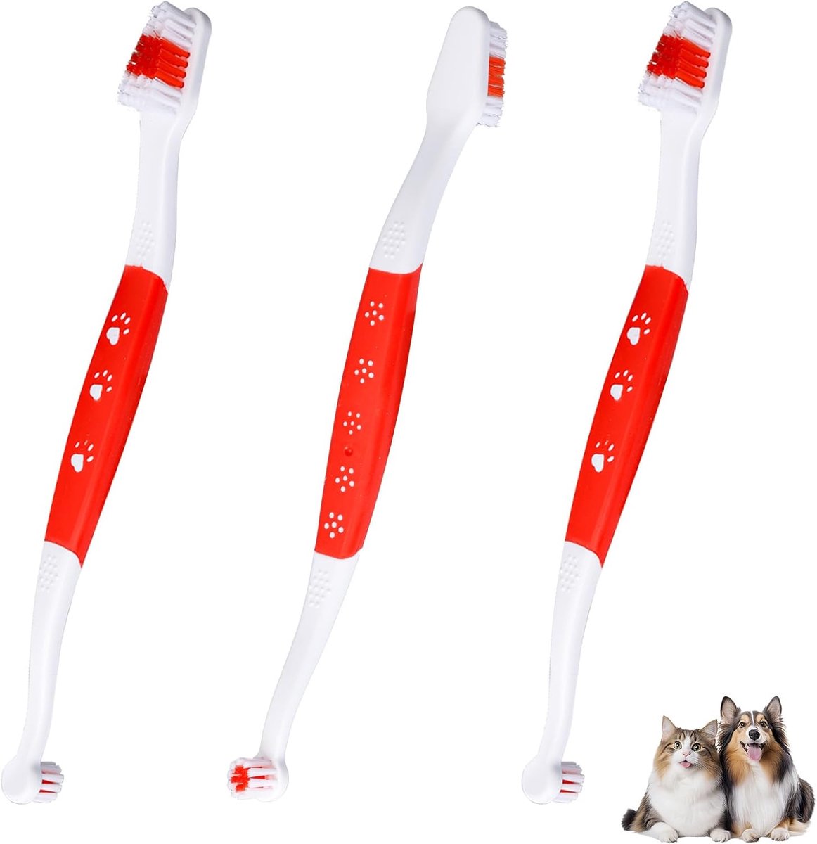 3-pack tandenborstel met dubbele kop voor huisdieren- zachte borstelharen voor het reinigen van de tanden van kleine en grote honden en katten (rood)