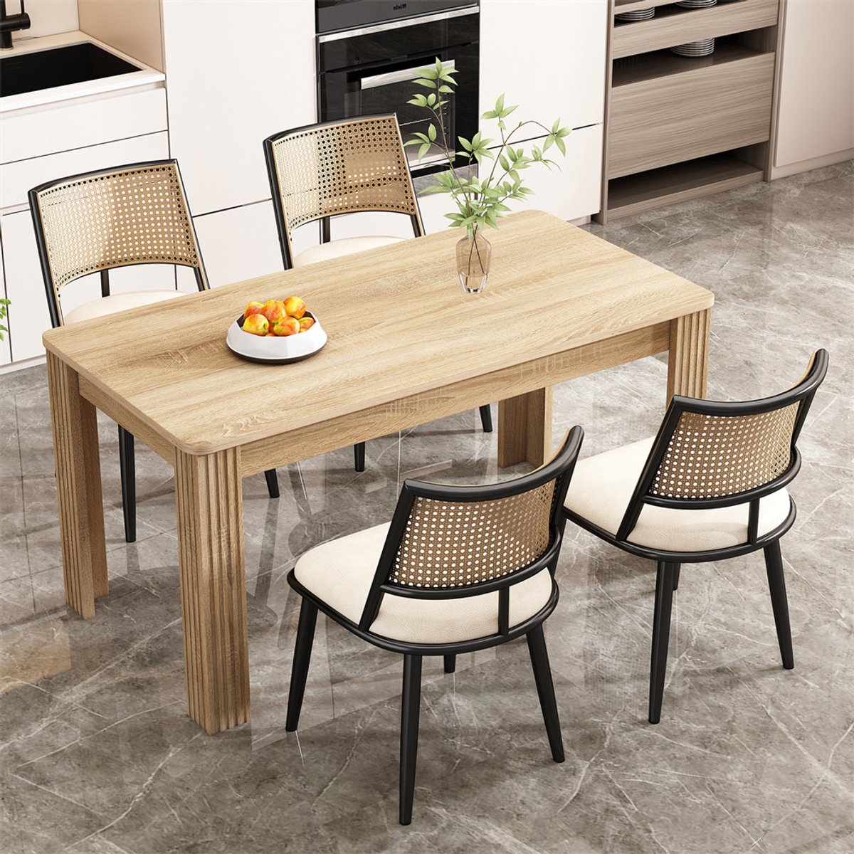 YEHTOKHOME Eetkamerstoelen, set van 4, Keukenstoelen met PU-zitting en rotan geweven rugleuning, Retro natuurlijk, Gestoffeerde stoel voor eetkamer, woonkamer en slaapkamer, Zwart