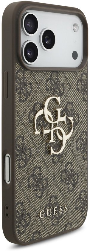 Coque de téléphone marron foncé avec motif logo Guess et logo double G argenté.