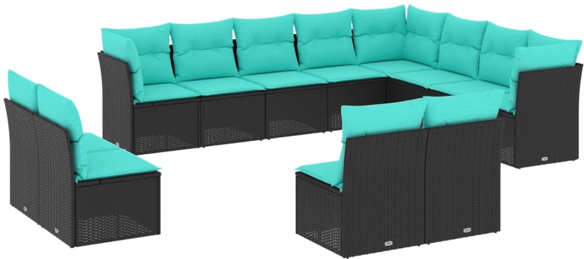 vidaXL - 12-delige - tuinbankset - met - kussens - van - zwart - polyrotan