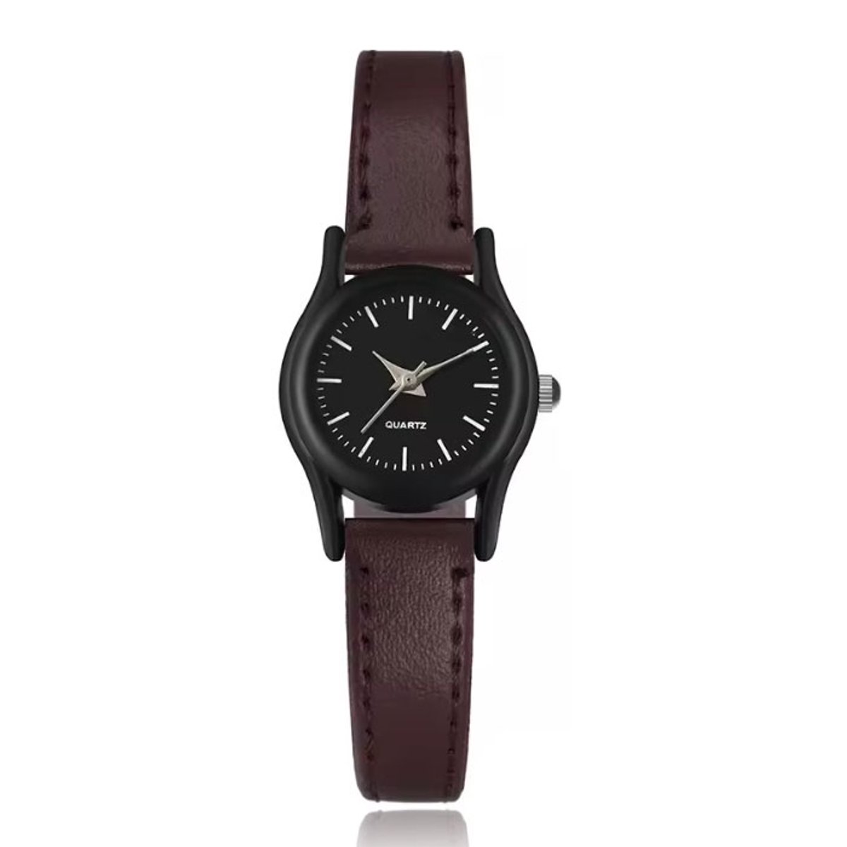 Klassiek dameshorloge met zwart uurwerk en donkerbruin leren bandje