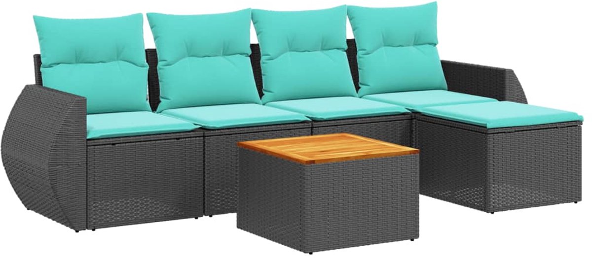 vidaXL - 6-delige - tuinbankset - met - kussens - van - zwart - polyrotan