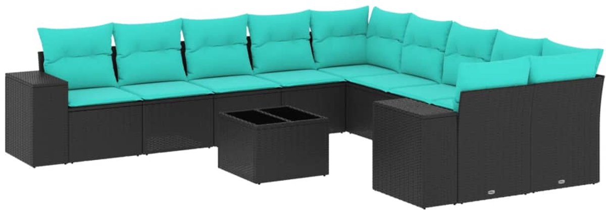 vidaXL - 11-delige - tuinbankset - met - kussens, - zwart - polyrotan