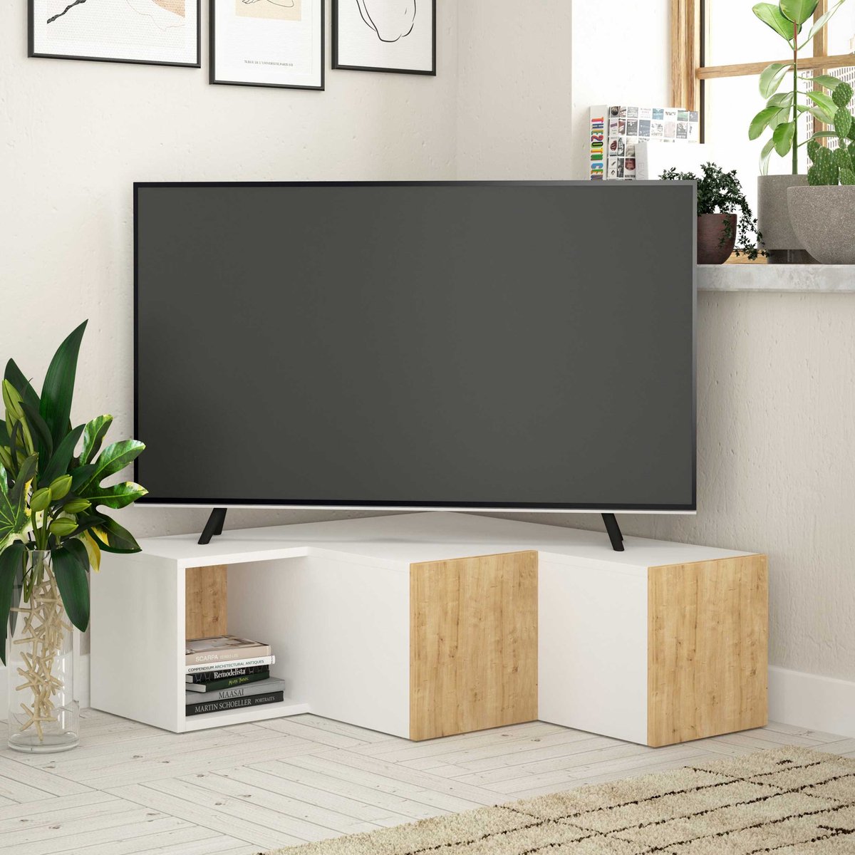 Compact TV-meubel | 100% MELAMINE | Wit, Eiken - Emob - TV-meubel - Wit; Bruin - Melamine