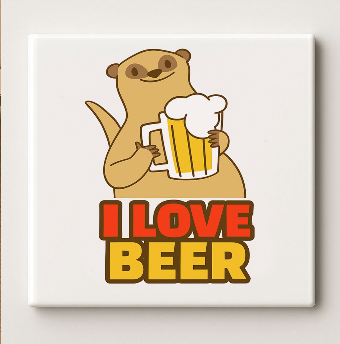 Nevolis Bierliefhebber Tegel – “I Love Beer” Schattige Stokstaart Design – 15x15 cm Keramische Wanddecoratie – Leuk Cadeau voor Bierfans, Bar & Mancave Multi Color