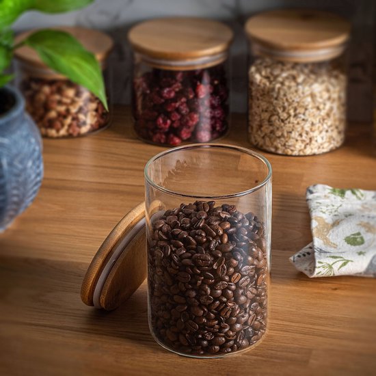Home & Treat 6 glazen voorraadpotten met bamboedeksels, (6 stuks, 500 ml - 6 deksels en etiketten), borosilicaatglas, voedselcontainers, voor suiker, koffiebonen, noten, specerijen, koekjes