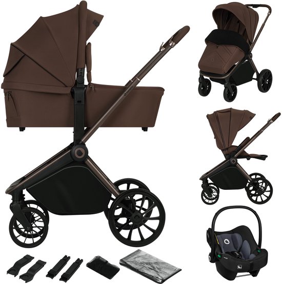 Bruine kinderwagen met reiswieg, autostoel en accessoires op witte achtergrond.