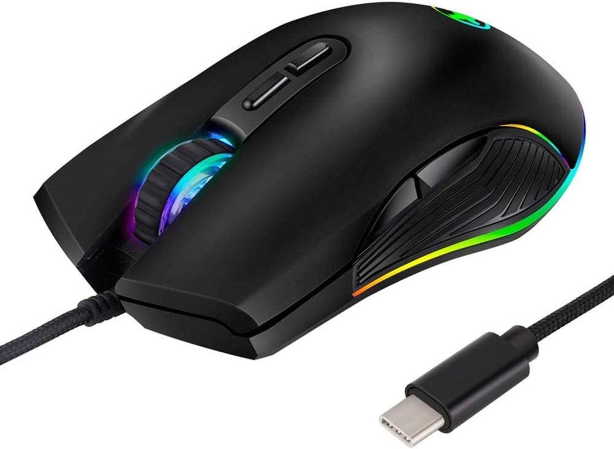 Ergonomische USB Type-C-muis Type-C bedrade RGB-gamingmuis 4 achtergrondverlichtingsmodi Tot 3200 DPI Compatibel met MacBook Pro, Matebook, HP OMEN, Chromebook, Windows-pc en andere USB Type-C-apparaten