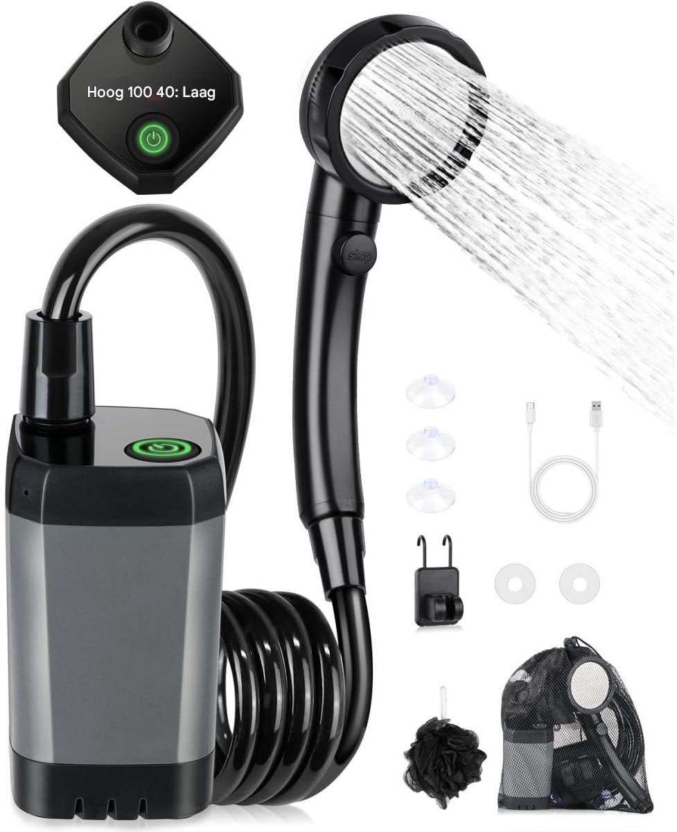 EXCITAT Campingdoucheset - Draagbare douche - Oplaadbare elektrische douchepomp - Waterdicht met smartdisplay en douchekop met 4 standen - Voor buiten, kamperen en wandelen - Zwart