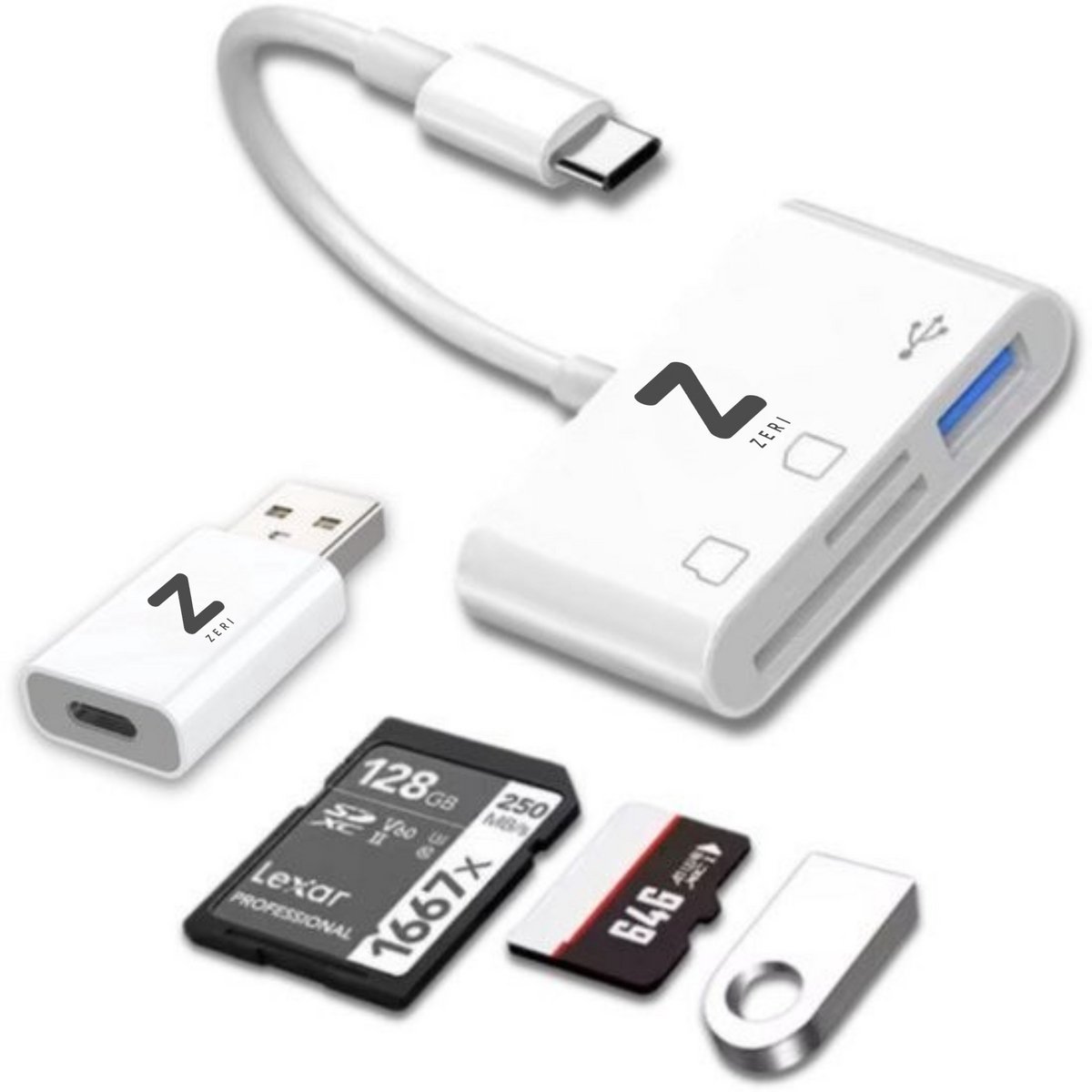 SD Kaart Lezer - USB C - Micro SD slot - USB-A poort - Inclusief USB converter - Zeri
