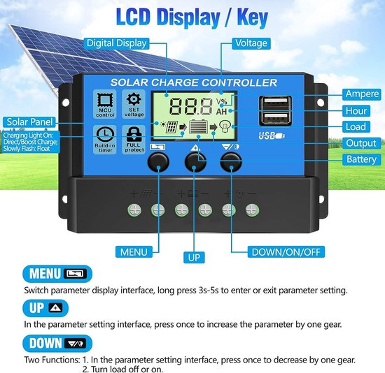 30A Solar Charge Controller - 12V/24V Zonnepaneelregelaar - met verstelbaar LCD-scherm - Dubbele USB-poorten Timerinstellingen - Laadregelaar van ECO-WORTHY — afbeelding 4