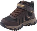 Bruine kinderschoen met klittenband, veters, zwarte mesh en gele strepen. Tekst 'WATERPROOF'.
