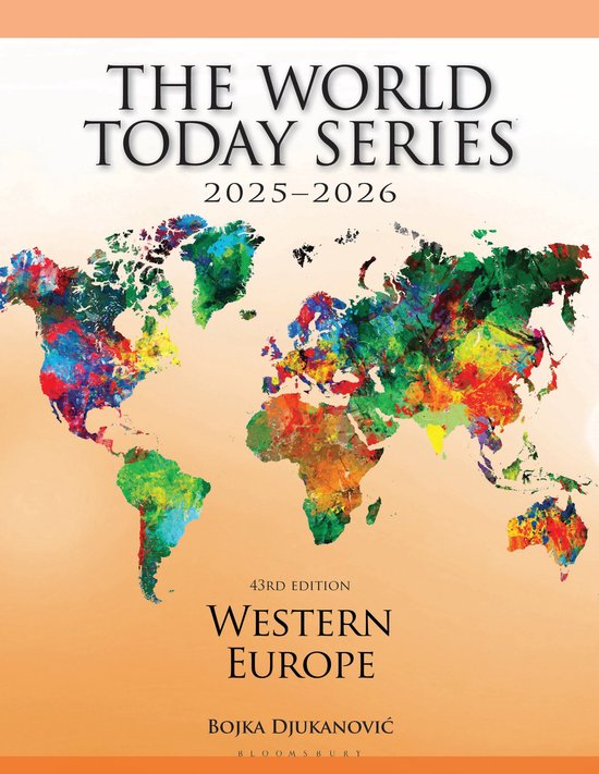 Couverture de livre The World Today Series 2025-2026 avec une carte du monde abstraite et colorée sur fond couleur sable.