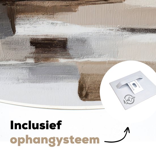 Ronde muurdecoratie met bruine en beige penseelstreken. Inclusief ophangsysteem.
