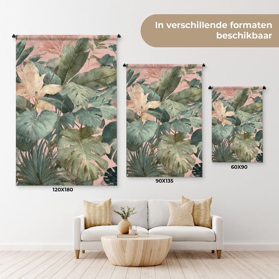 Drie wandkleden met tropische bladeren in verschillende formaten.