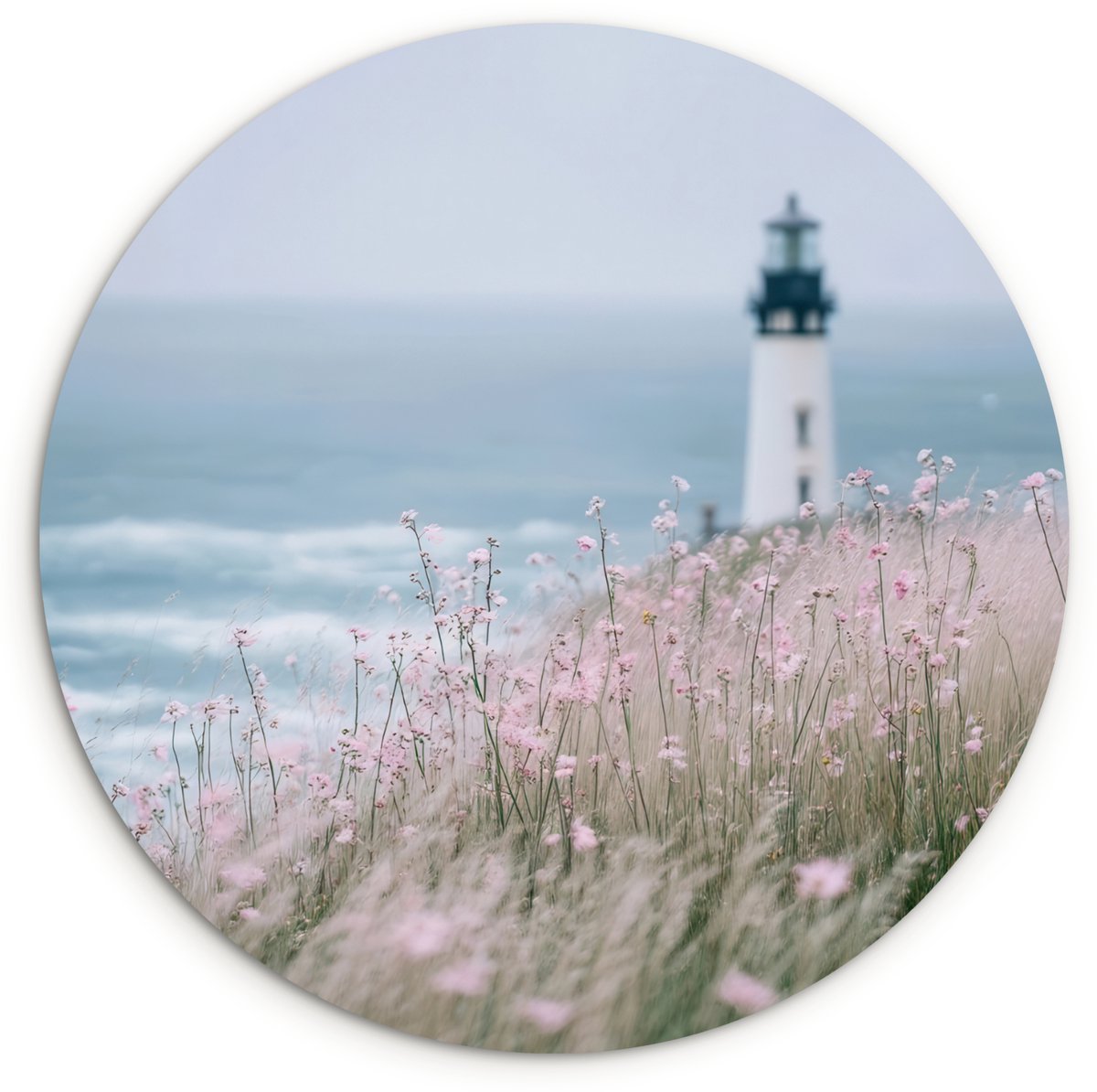 WallCircle Wandcirkel 140x140 cm - Muurcirkel Vuurtoren - Klif - Zee - Bloemen - Muurdecoratie woonkamer - Wanddecoratie slaapkamer - Kamer decoratie accessoires - Ronde schilderijen Vuurtoren - Zee - Bloemen