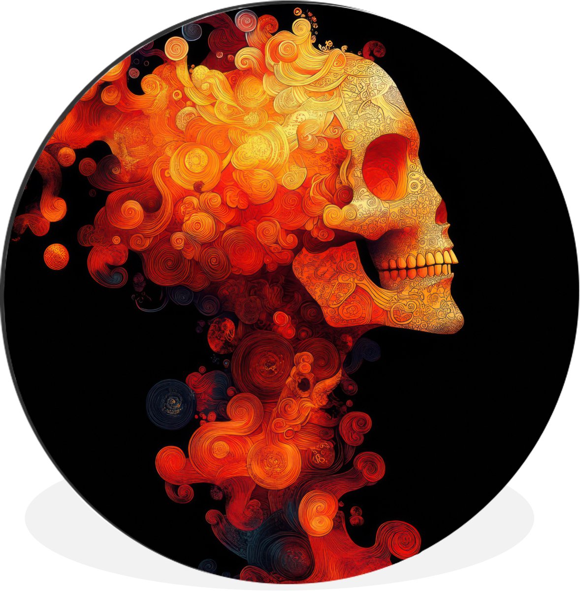 WallCircle Wandcirkel - Muurcirkel - Schedel - Oranje - Zijaanzicht - Vlammen - Aluminium - Dibond - 60x60 cm - Binnen en Buiten Schedel - Vlammen