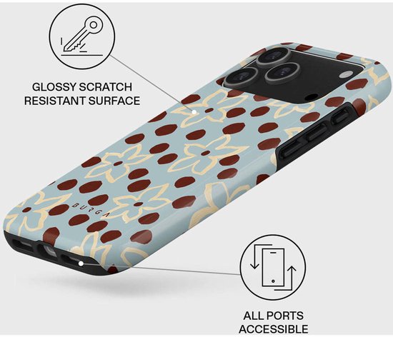 Lichtblauwe telefoonhoes met bruine stippen en beige bloemen, met tekst "Glossy scratch resistant surface" en "All ports accessible".
