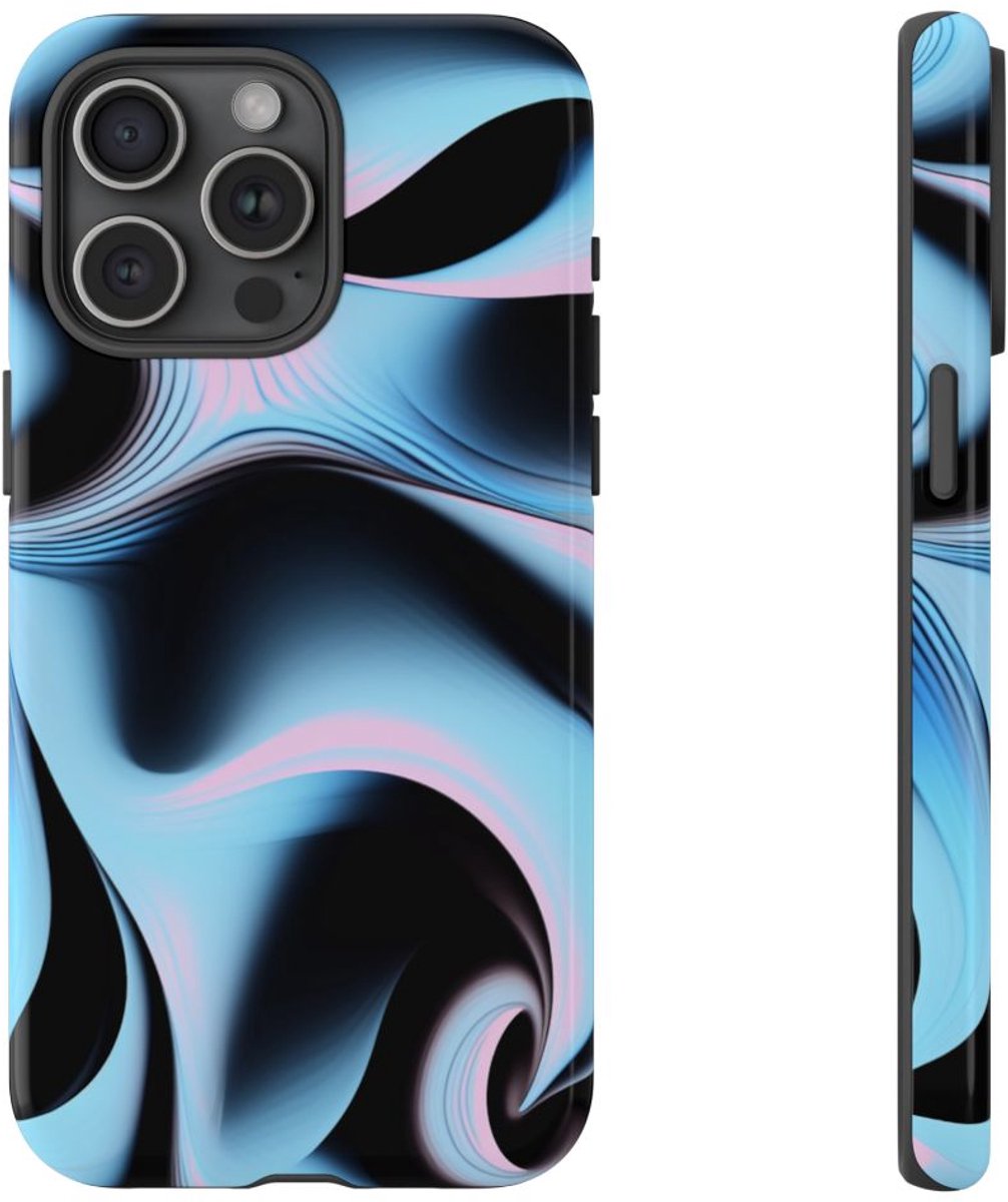 Blauw-Roze Abstracte Swirl – Glanzend Stevig Hoesje Geschikt voor iPhone 15 Pro Max