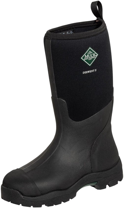 Zwarte Muck Boot Derwent II laars, van de zijkant gezien, met neopreen schacht en rubberen voet.