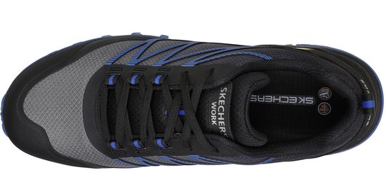 Bovenaanzicht van een zwarte werkschoen met blauwe lijnen en veters. Skechers Work.