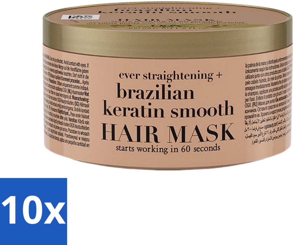 10 x OGX - Brazilian Keratin Smooth - Haarmasker - Herstel & Glans - Voor Zijdezacht Haar - 300 ml - Haarmasker - Keratine - Haarherstel - Zijdezacht Haar - Pluisverminderend