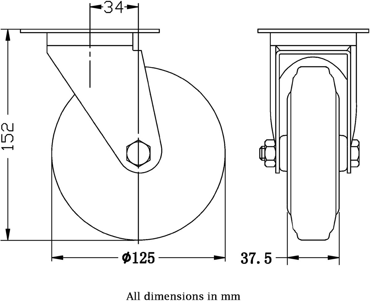 Draaibare wiel van 125 mm met zwart rubber op een hartwiel van geperst staal