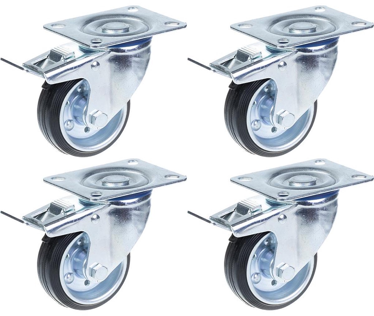 80 mm (3 inch) rubberen zwenkwiel met rem, draaibaar, draagvermogen 280 kg, set van 4