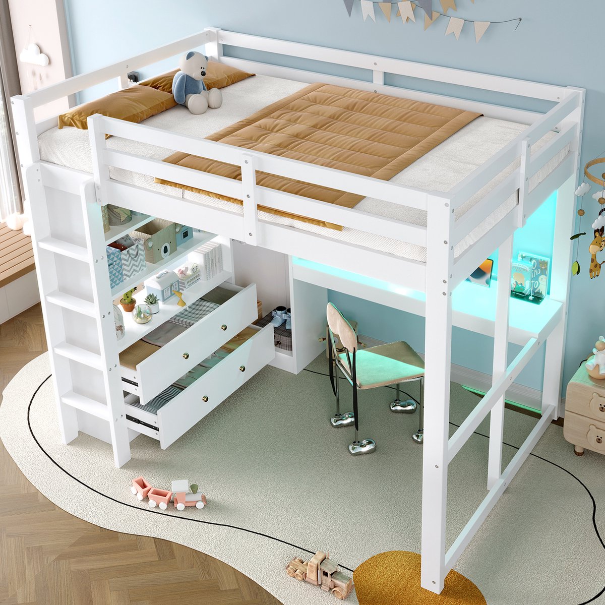 Merax 140x200cm hoogslaper met twee lades en boekenplank - bureau onder het bed - met LED-verlichting en USB - wit - zonder matras