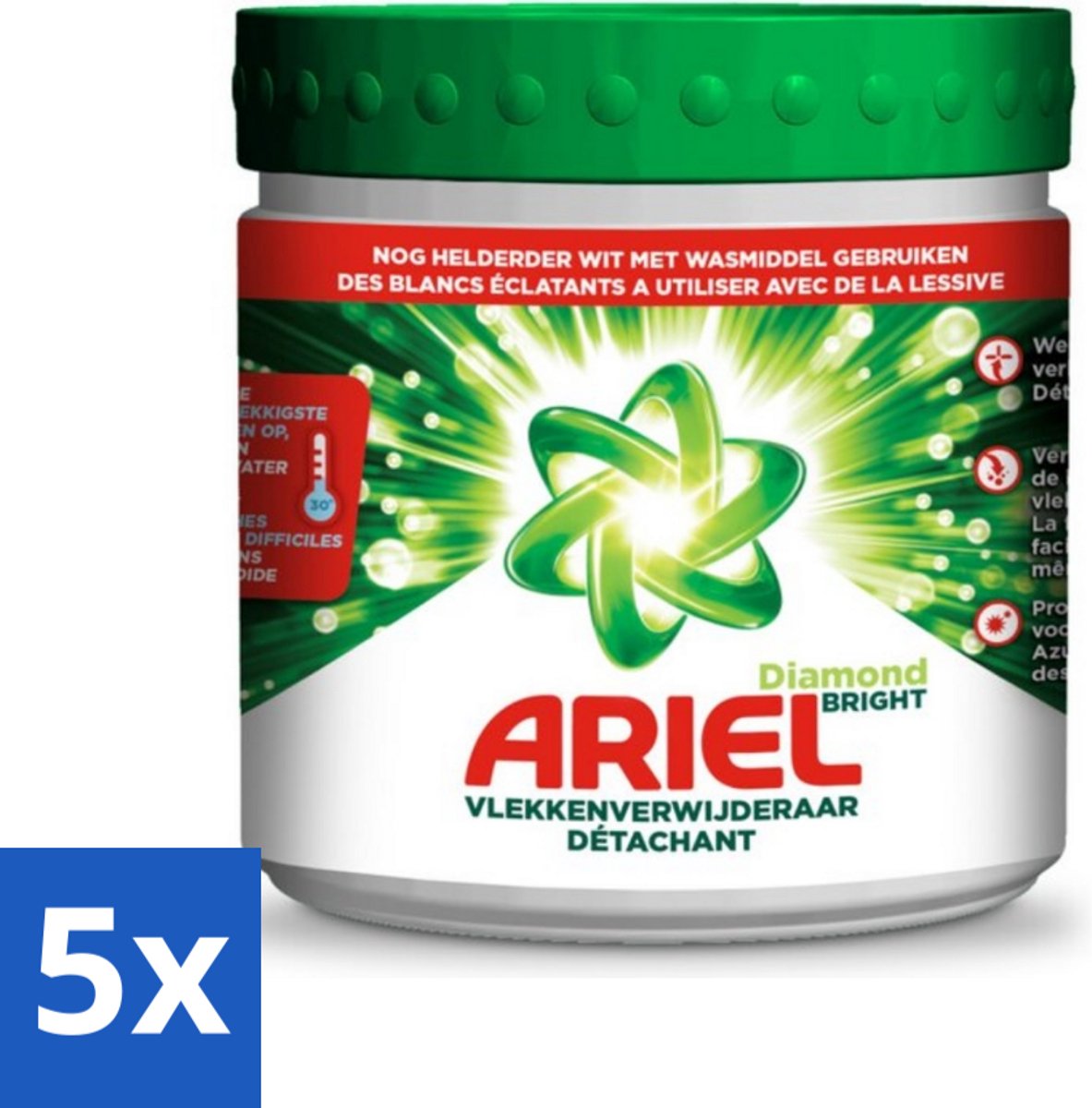 5 x Ariel Diamond Bright - Vlekverwijderaar Poeder - Witte Was - 30 Wasbeurten - Voordeelverpakking - 5 stuks
