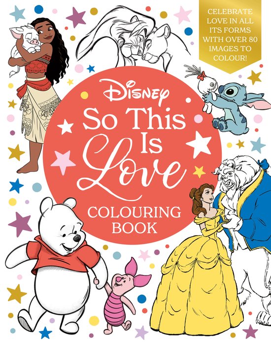 Disney So This Is Love kleurboek met illustraties van Moana, Stitch, Winnie de Poeh, Belle en het Beest, en meer.