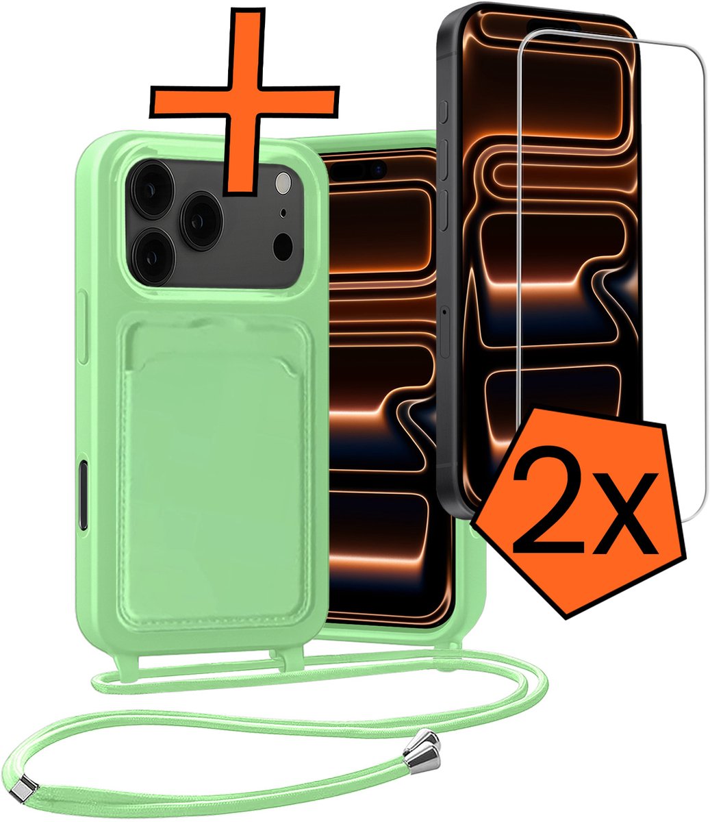 Hoesje Geschikt voor iPhone 17 Pro Hoesje Met Telefoonketting Pasjeshouder Case Met 2x Screenprotector Koord - Hoesje Geschikt voor iPhone 17 Pro Hoes Met Kaarthouder - Groen