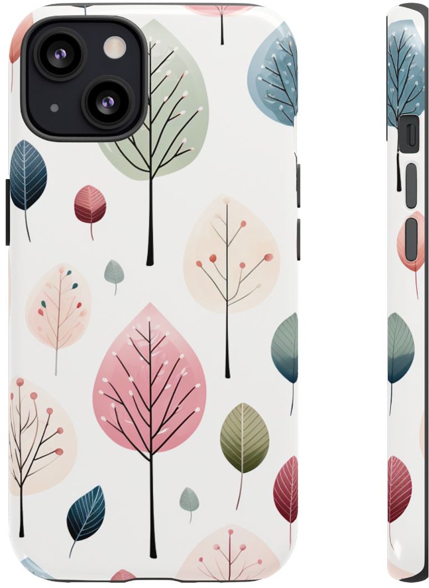 Pastelbladerenpatroon – Glanzend Stevig Telefoonhoesje Geschikt voor iPhone 13