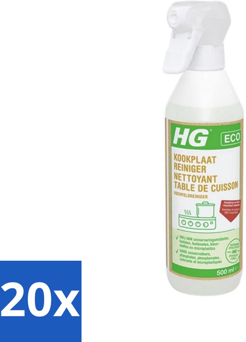 20 x HG ECO - Kookplaatreiniger - Verwijdert Gemakkelijk & Snel - Duurzaam & Ecologisch - 500 ml - Kookplaat Reinigen - Eco Kookplaatreiniger - Vet Verwijderen - Kalkaanslag Verwijderen - Kookvocht Verwijderen