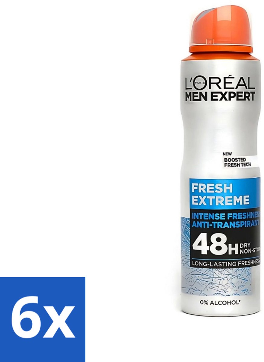 6 x L'Oréal Men Expert Deodorant Spray Fresh Extreme 150 ml - 48 Uur Deodorant - Anti-geur - Transpiratiecontrole - Frisse Geur - Deodorant Spray