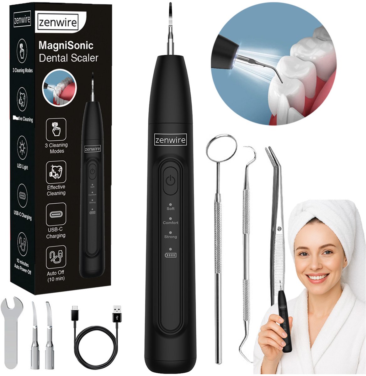 Zenwire J09 - Tandsteen Verwijderaar Elektrische - Draagbare ultrasone tandarts-scaler - 3 werkmodi - LED-lampje - Timer - USB-C - 800 mAh - 2 opzetstukken - Montagesleutel voor opzetstukken - Tandheelkundige accessoires - USB-C-oplaadkabel