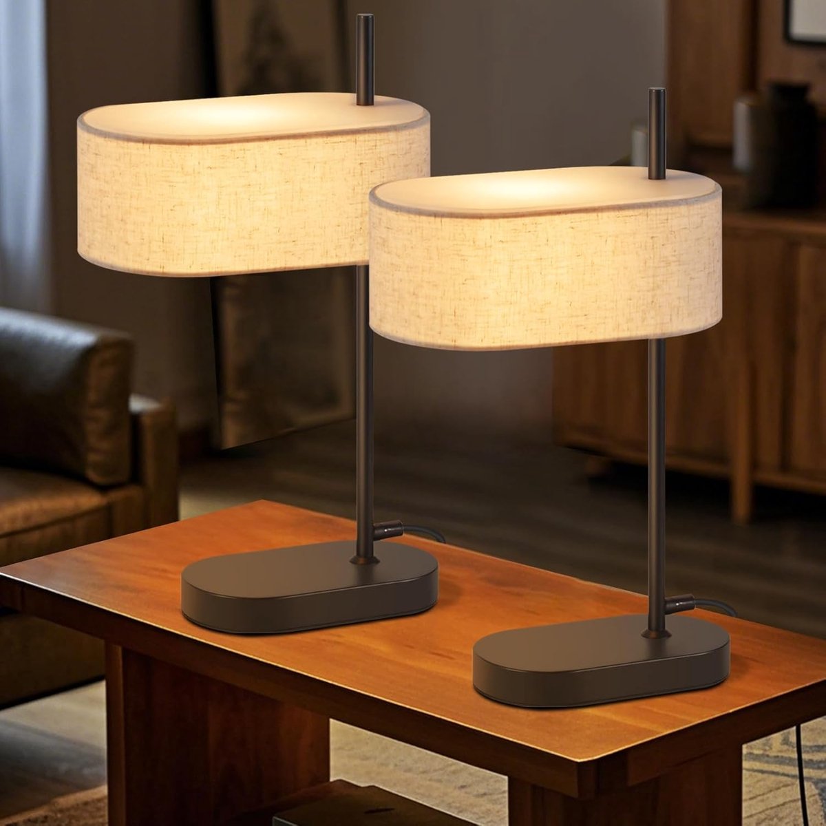 Glitzerlife Beige Stoffen Kap - Nachtkastlampen - Tafellamp Landelijk 2-Set - Schemerlampje Slaapkamer met E14 Fitting - Vintage Retro Rustiek voor Slaapkamer Woonkamer Bureau - Exclusief lamp