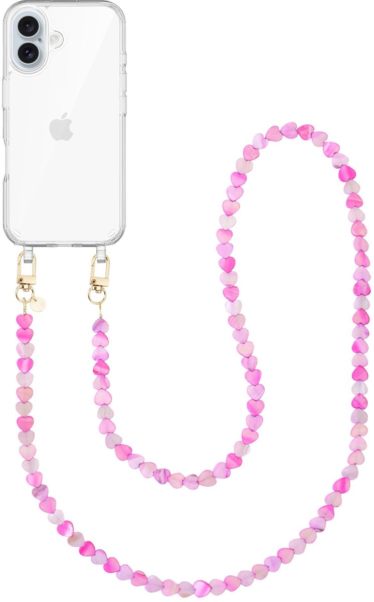 xoxo Wildhearts siliconen hoesje - Geschikt voor iPhone 17 hoesje - Shell Hearts (long) - Telefoonhoesje - Hoesje met koord - gekleurde hartjes - Lang koord - Transparant hoesje met telefoonkoord - Roze & Paars