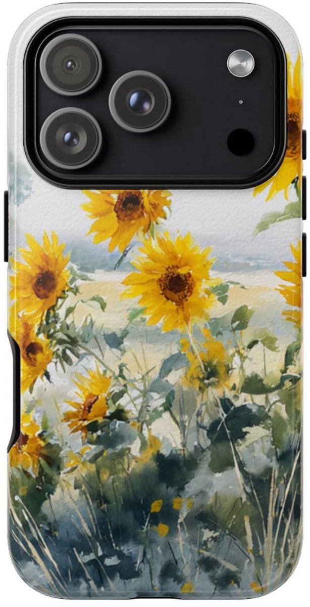 Gele Zonnebloemen in Pastelkleurig Landschap – Telefoonhoesje Geschikt voor iPhone 17 Pro