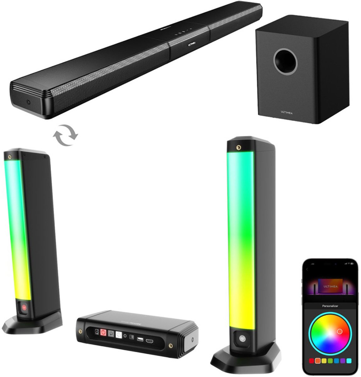 Afbeelding 2 van Ultimea Apollo S80 5.1 Soundbar, slimme app-bediening, dynamische lichteffecten, RGB-licht- en helderheidsaanpassing, 121 vooraf ingestelde EQ-matrices, afneembaar ontwerp