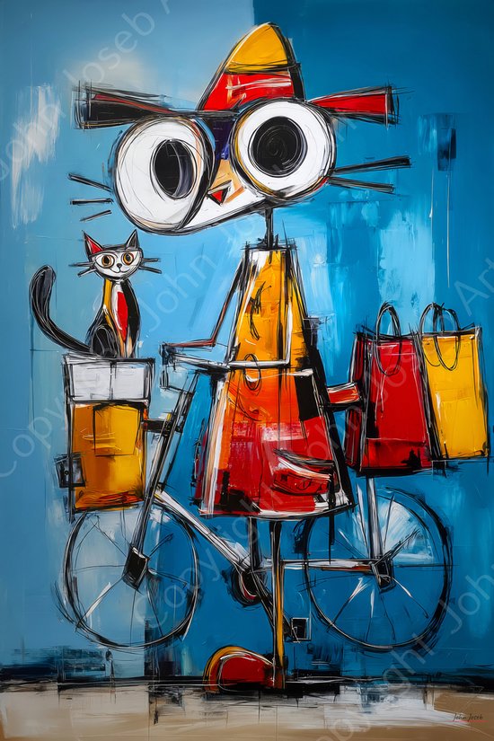 John Joseb Art (Glas) 60x40 | Vrouw op fiets met poes / kat en boodschappen, tassen, abstract, Herman Brood stijl, gek, grappig, humor, dier, kunst, bruin, rood, geel, blauw, modern | Foto-schilderij-glasschilderij-acrylglas-acrylaat-wanddecoratie