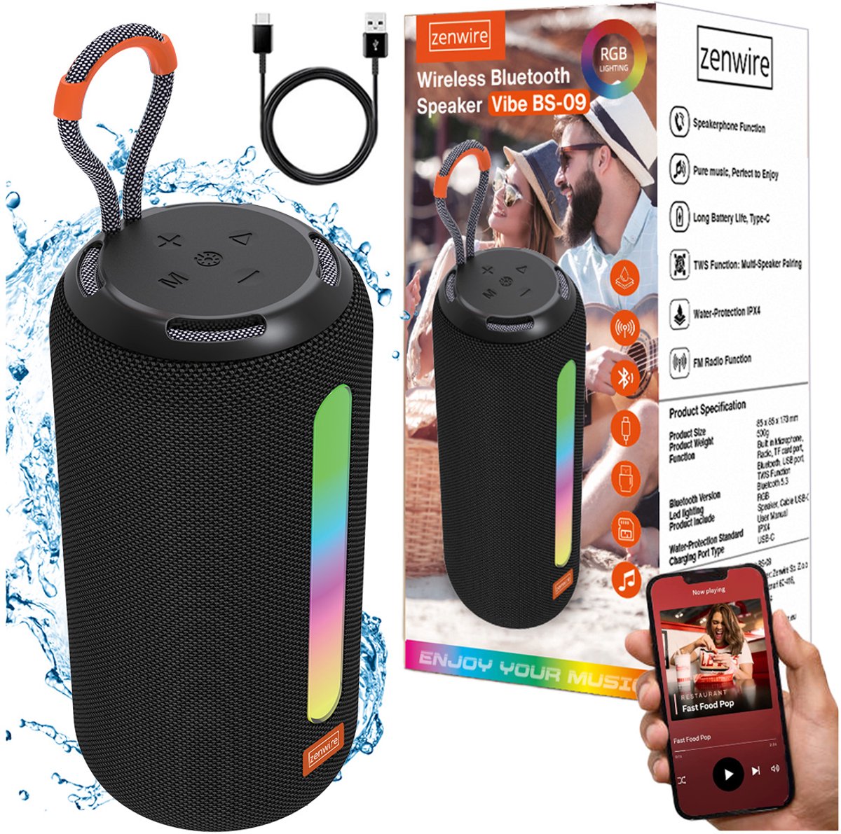 Zenwire Vibe BS-09 - Mini draagbare luidspreker - Bluetooth 5.3 - 26 W - FM-radio - Microfoon - Spatwaterbestendig IPX4 – TWS - USB-C - Micro SD-kaartlezer - RGB - achtergrondverlichting - Ingebouwde batterij 2500 mAh