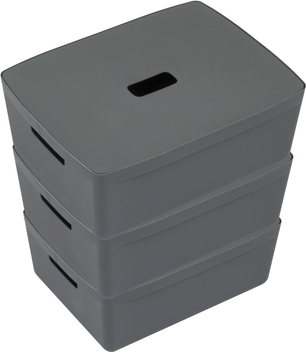 Kangaro opbergboxen - 20 liter - antraciet -set van 3 stuks inclusief deksels - K-670132-3
